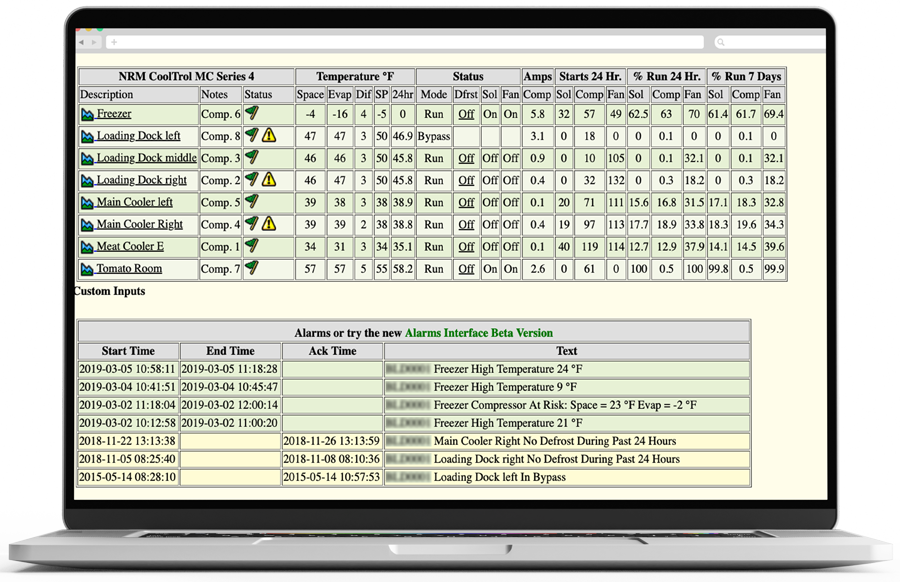 A screenshot of a summary page displaying temperatures and operational information for refrigeration.
