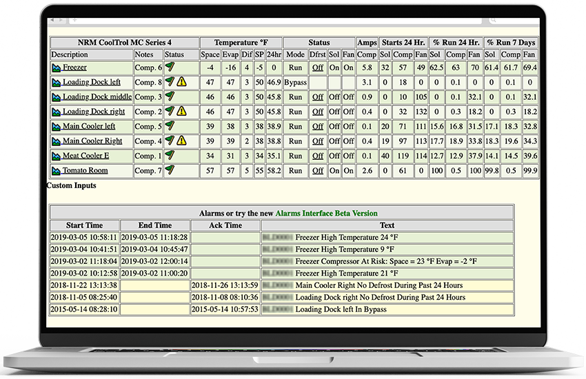 A screenshot of a live refrigeration operational summary page through NRM's Remote Site Manager on a laptop.